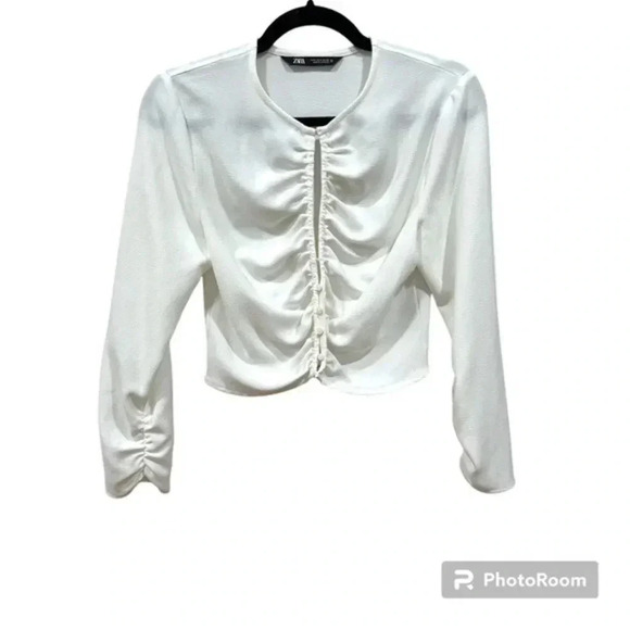 🍁 Zara white button down ruched blouse Small 2157/027 - Picture 1 of 6